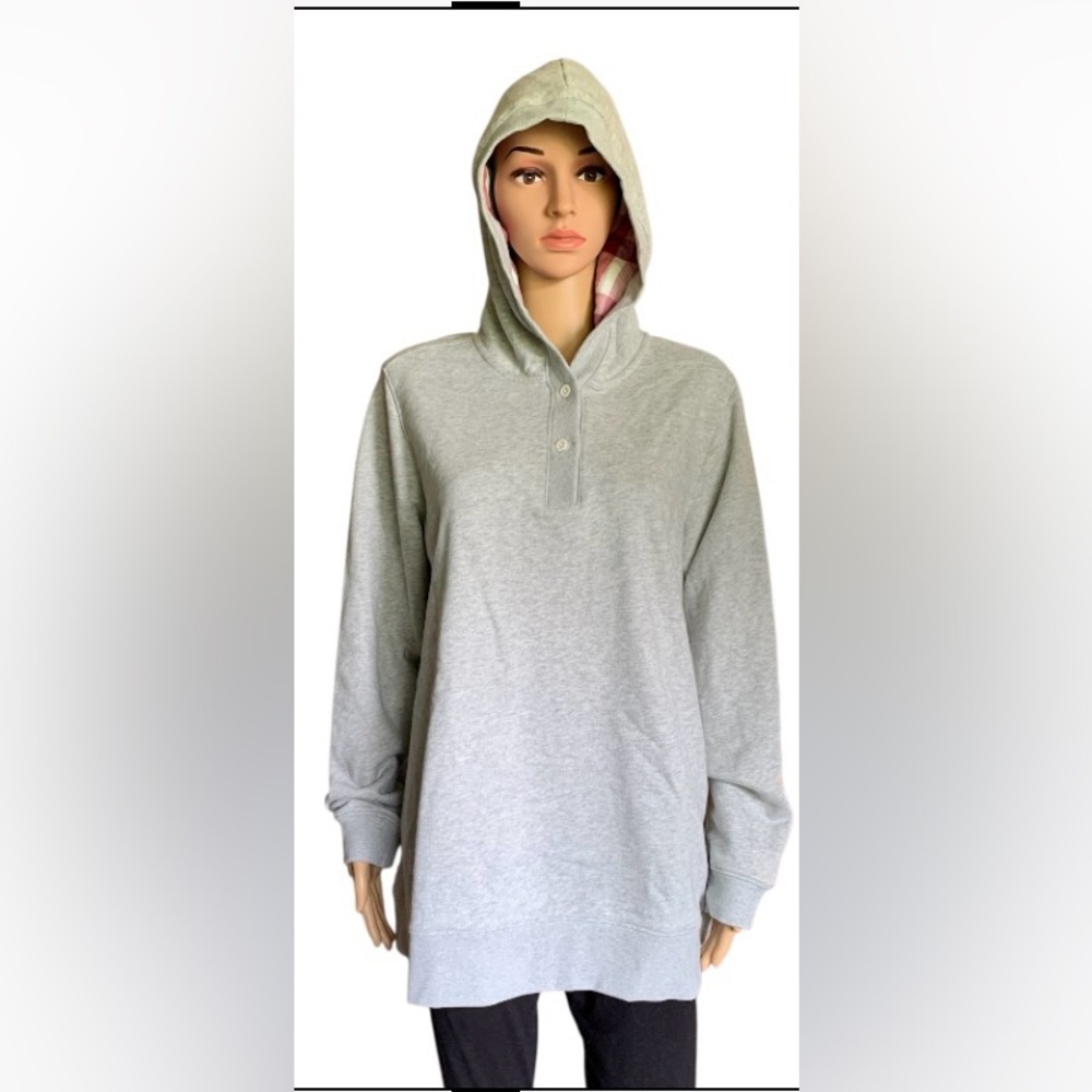 LandsEnd HOODIE TUNIC Wm FRENCH TERRY w/ FLANNEL Lined Hood Generous Relaxed Fit - Picture 5 of 10